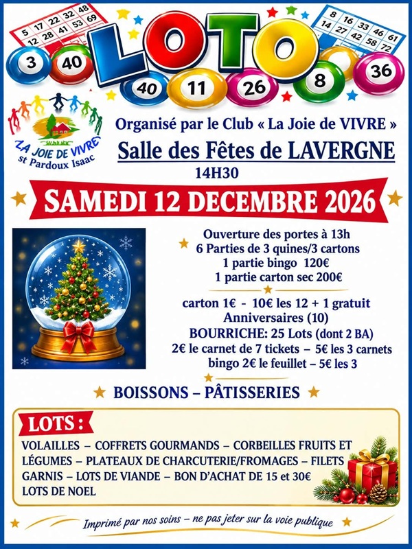 CHANGEMENT DE LIEU - Loto public du club "la Joie de Vivre"