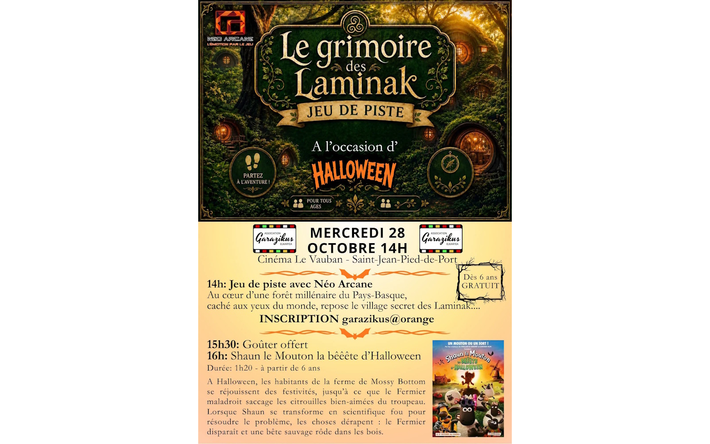Jeu de piste "Le grimoire des Laminak", goûter et film "Shaun le Mouton la bêêêête d'Halloween"