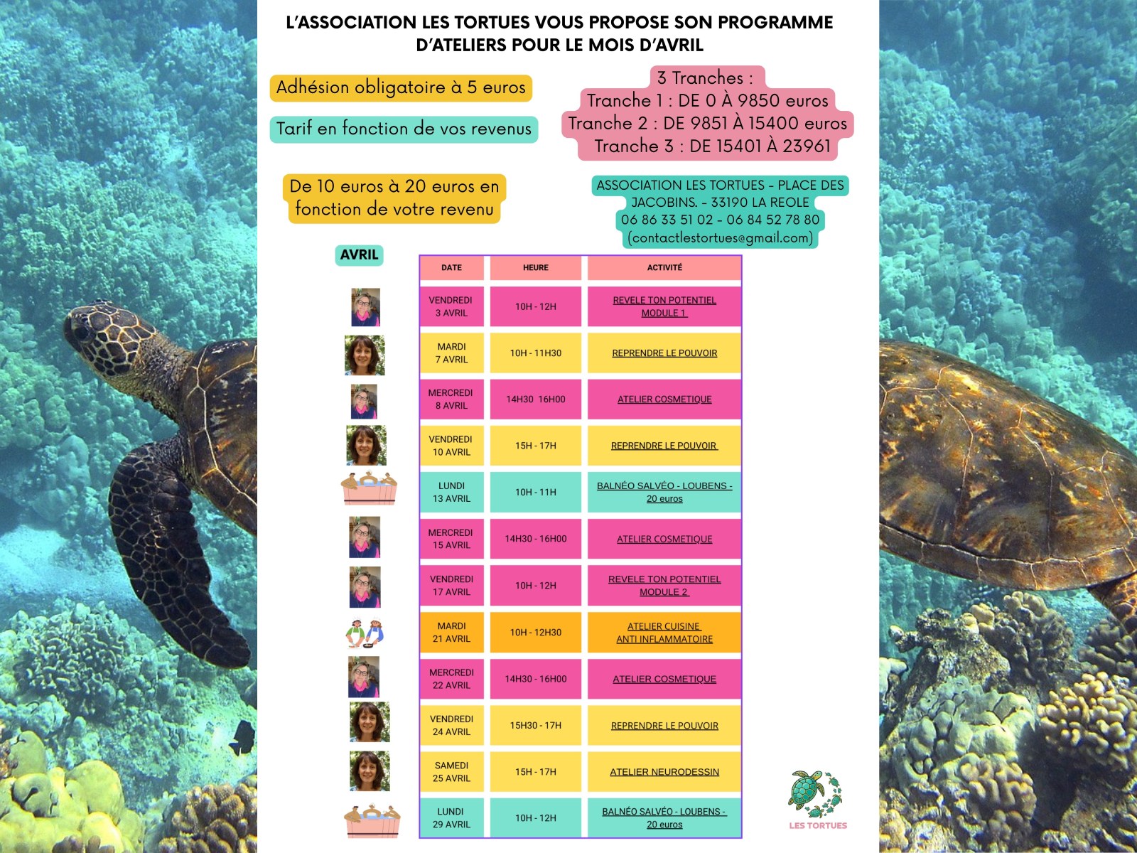 Association les tortues : Programme du mois d'avril