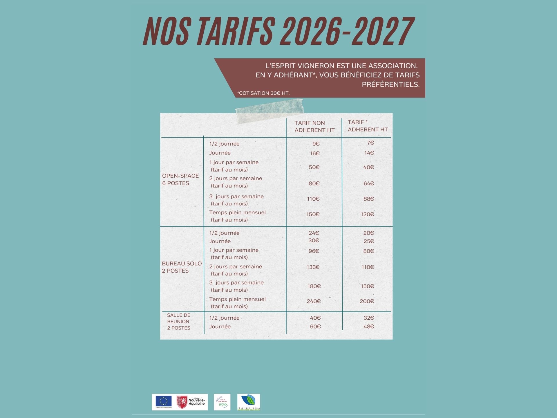 Tarifs espace coworking/de réunion